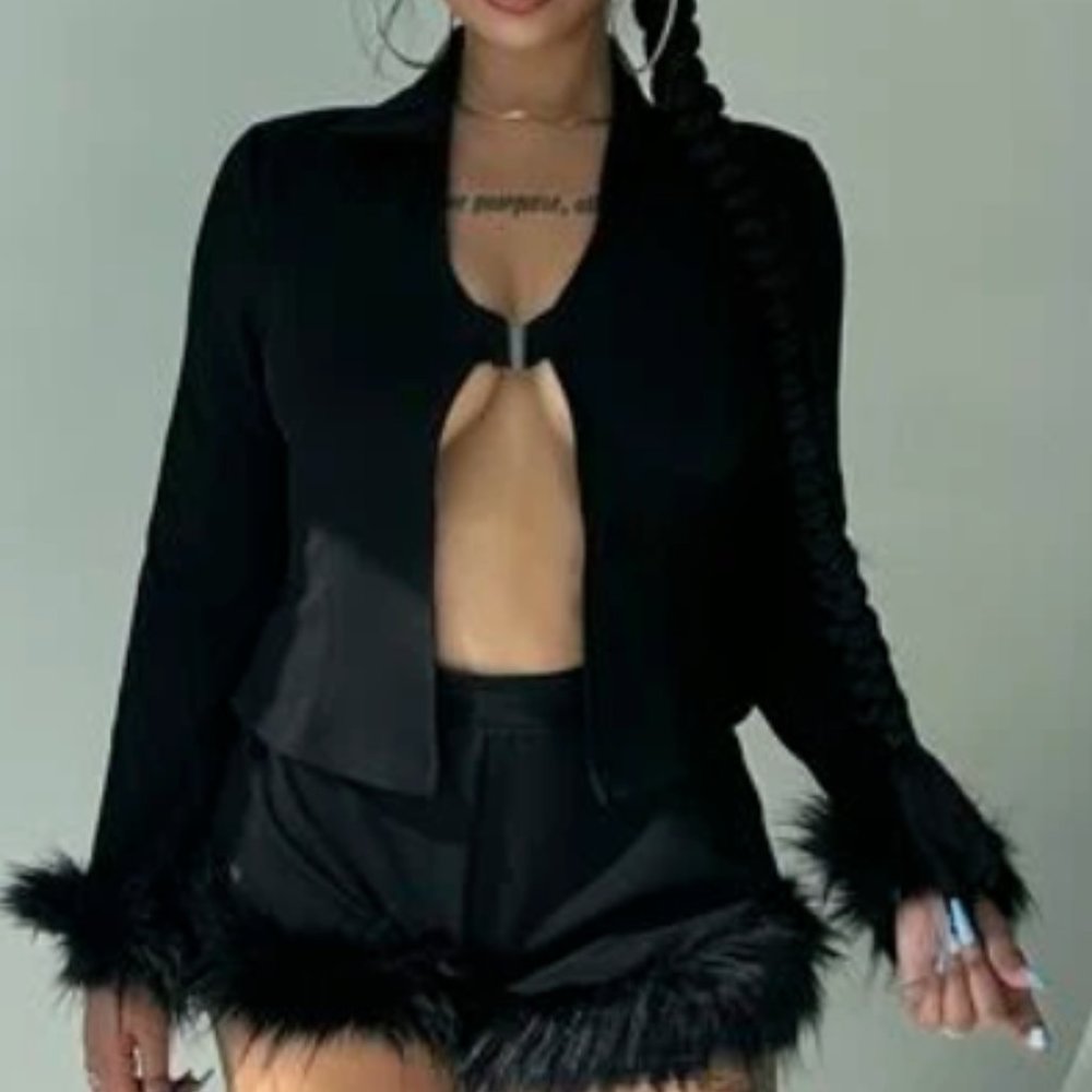 New Fuzzy Trim Crop Top & Shorts Set